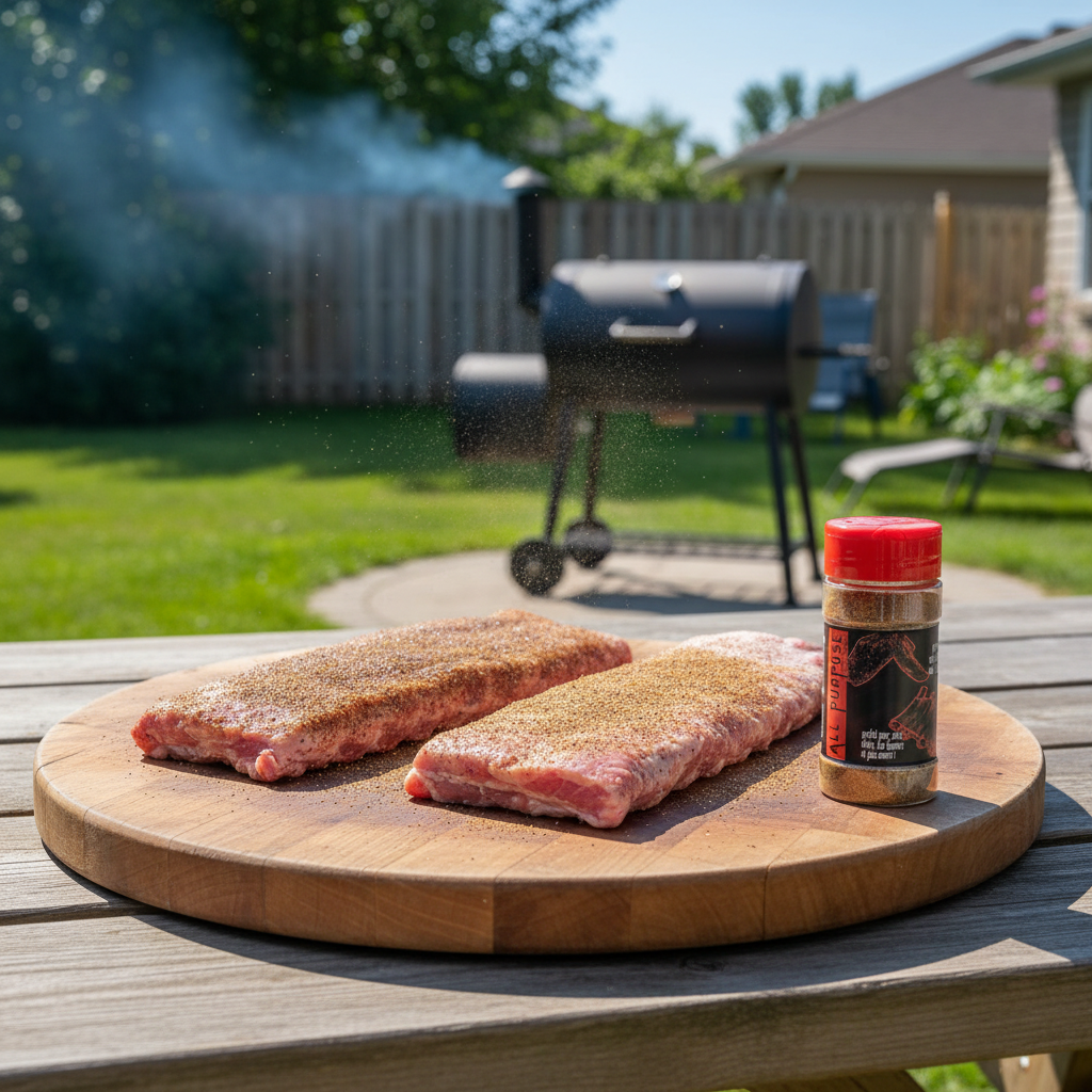 All Purpose seasoning with raw ribs on cutting board by smoker